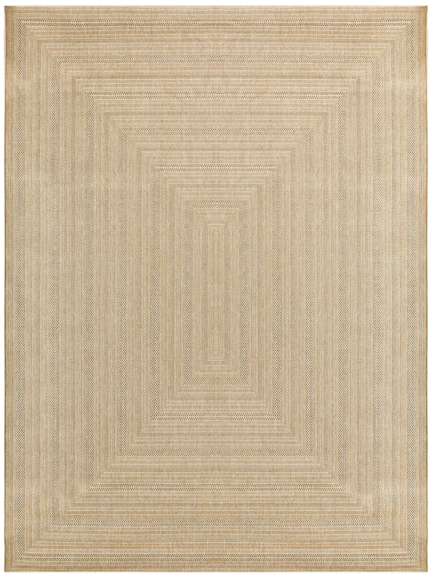 Natural beige rectangular rug with concentric stepped borders; textured flat-weave in natural fibers.