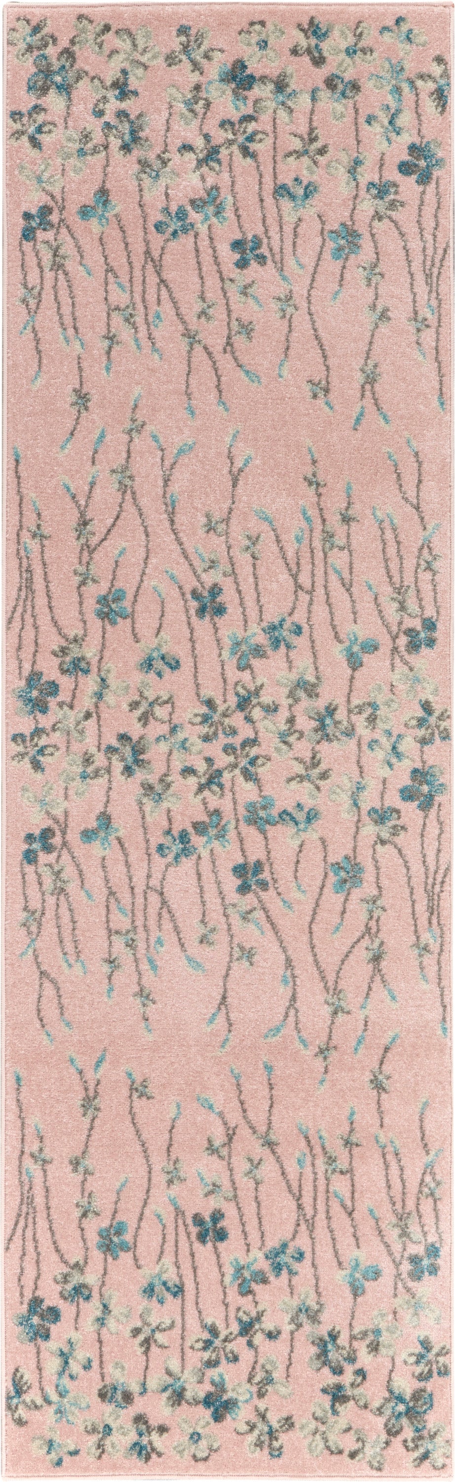 Pink floral vine runner rug with blue and teal flowers and slender brown stems.