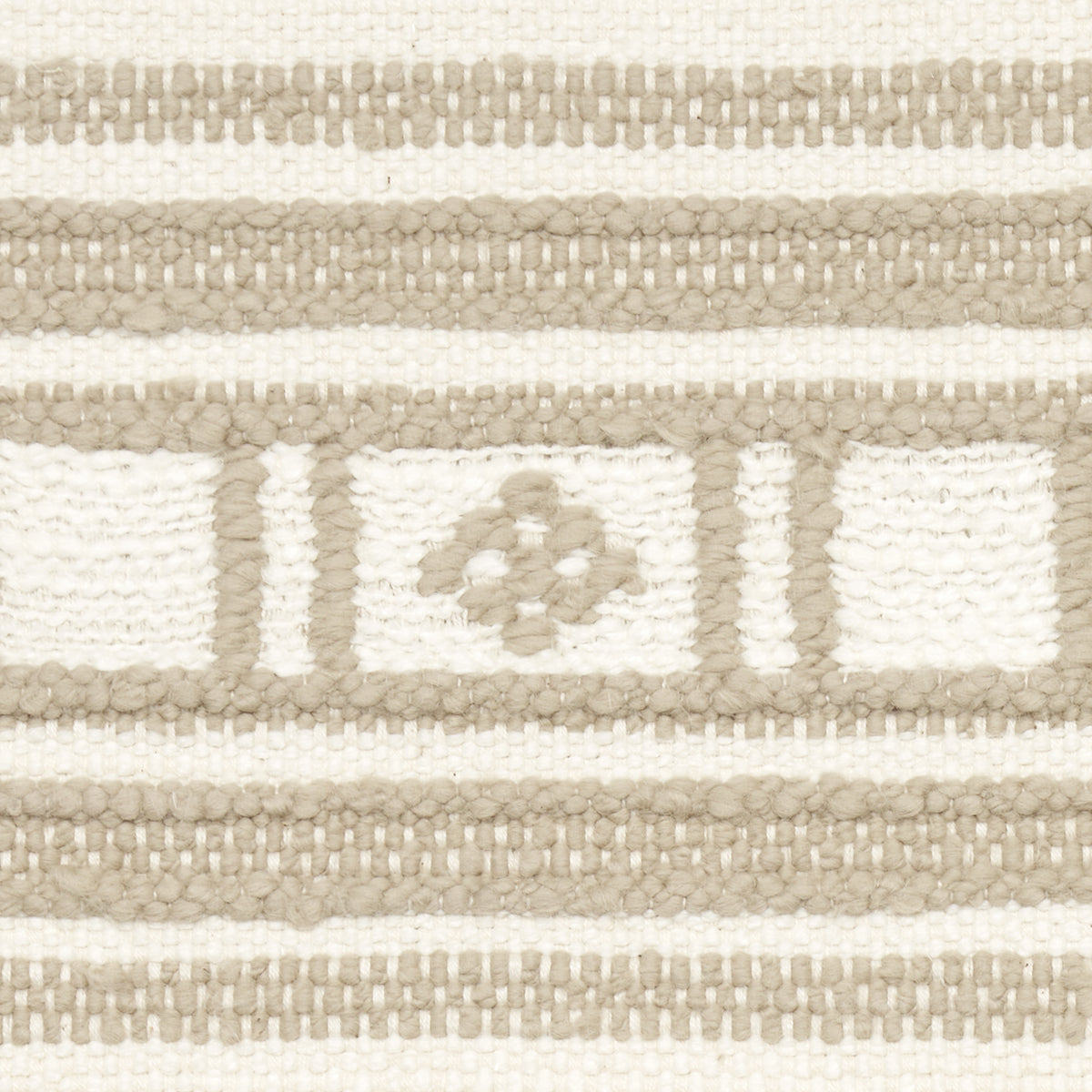 Cream and taupe woven rug with horizontal stripes and a central framed floral motif.