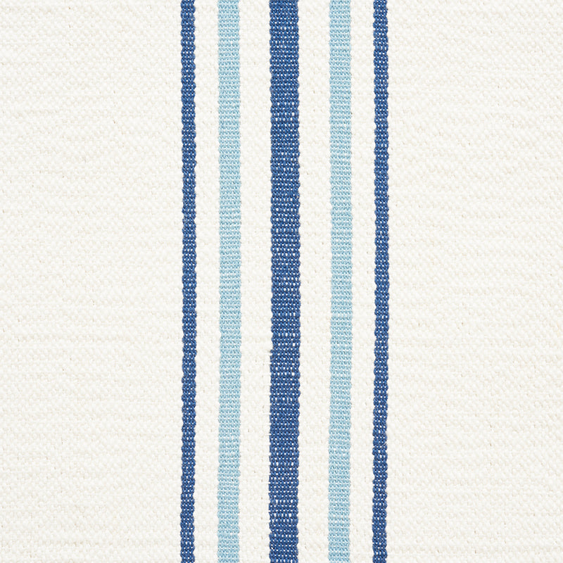 Cream linen-like woven fabric with vertical navy, medium blue, and light blue stripes.