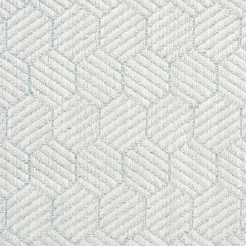 Light blue and white woven textile with a repeating geometric chevron/diamond pattern and subtle raised weave.