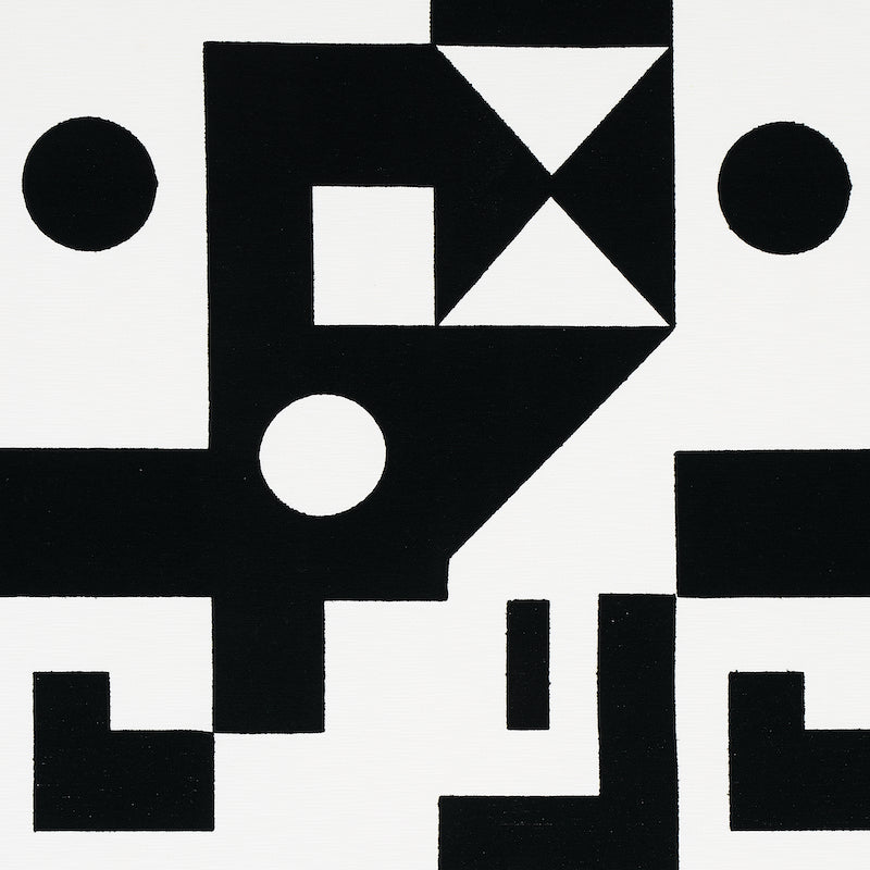 Abstract black geometric print on white background; circles, squares & angular shapes in a Bauhaus style.