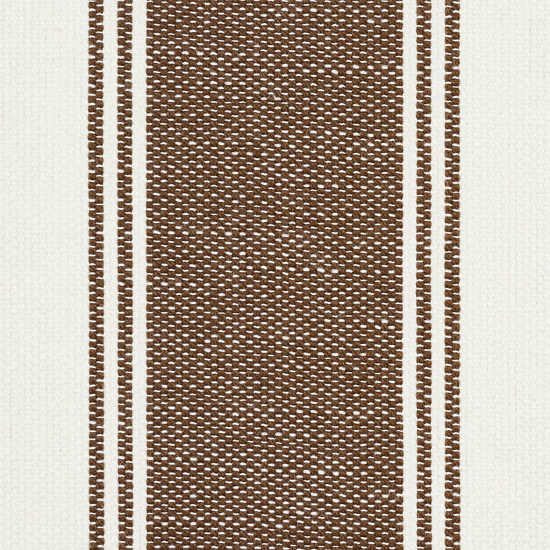 Brown woven rug runner with cream border stripes; textured rustic weave.