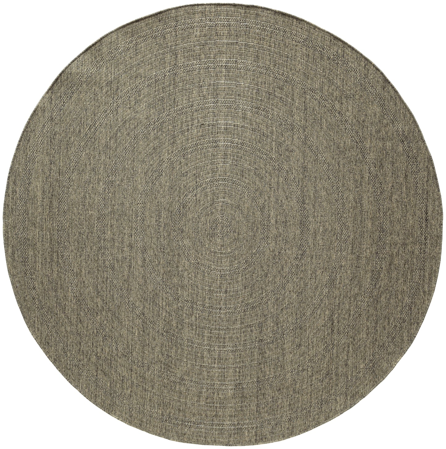 Round natural jute rug with woven concentric rings in beige taupe.