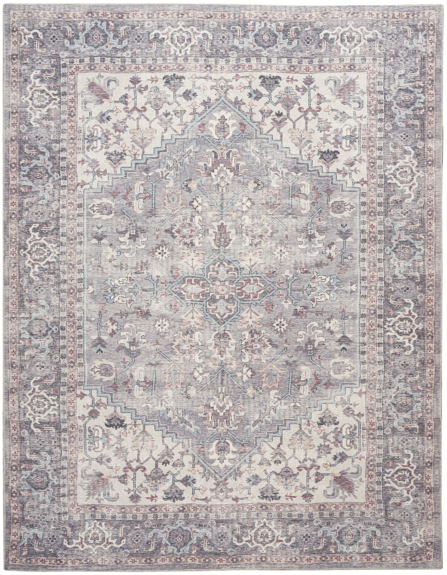 Soft blue-gray Persian-style area rug with ivory central medallion, faded florals and ornate border for living rooms.
