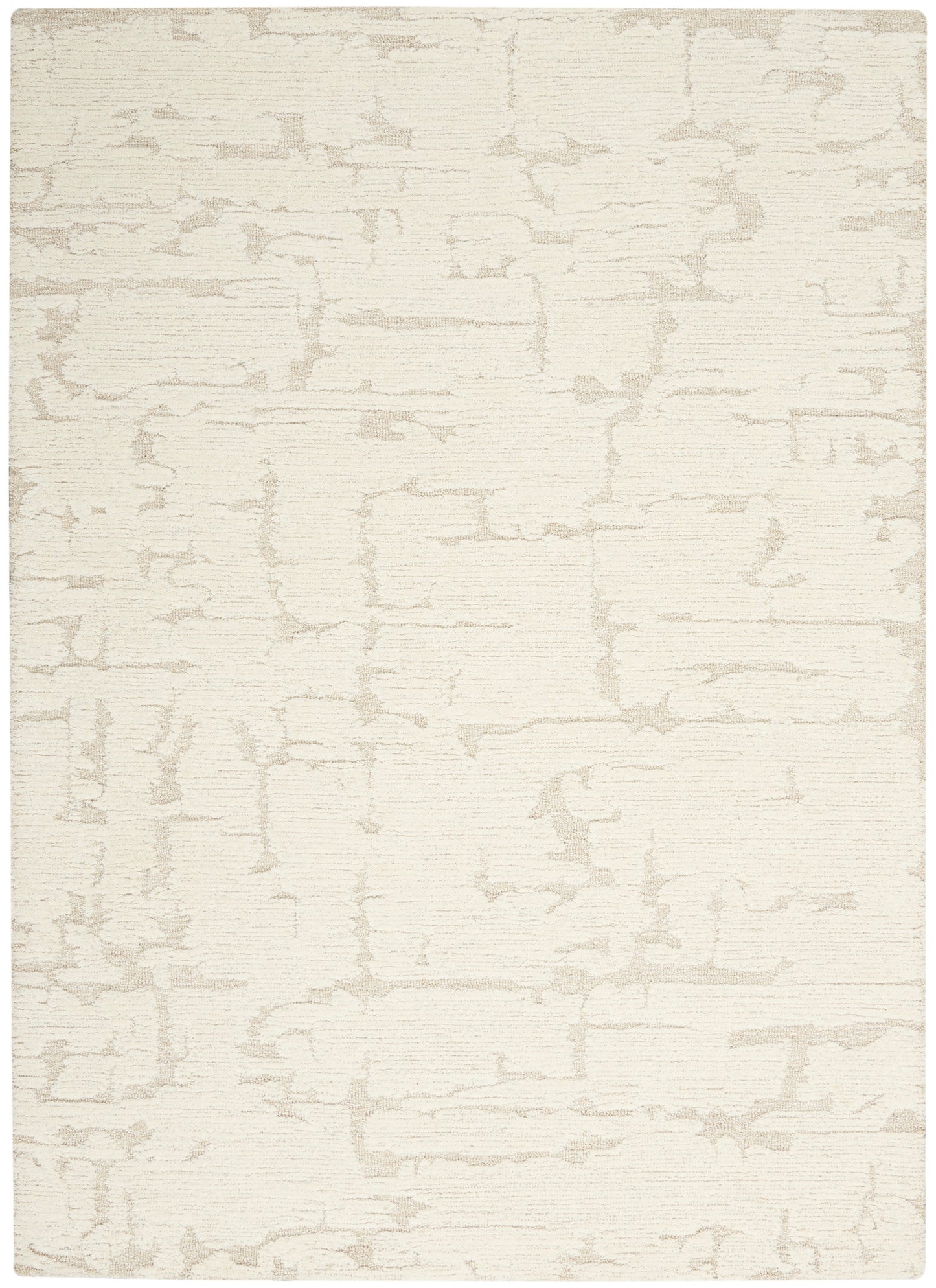Cream rectangular rug with subtle taupe abstract crackle pattern; soft textured, modern minimalist style.