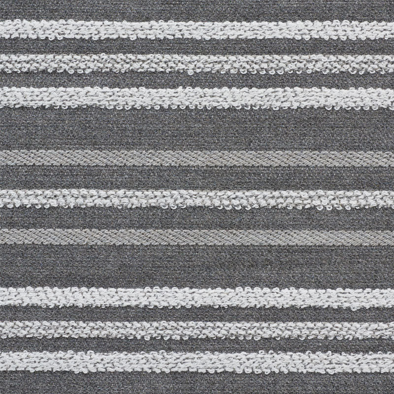 Dark gray fabric with wide white boucle-knit horizontal stripes; cozy textured textile.