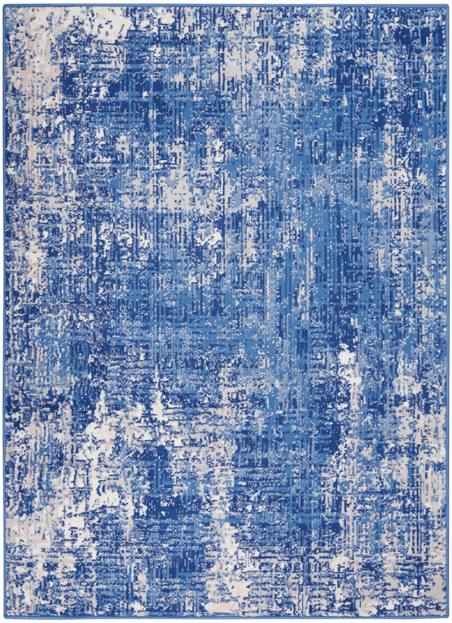 Blue abstract distressed area rug with cream accents; contemporary rectangular rug.