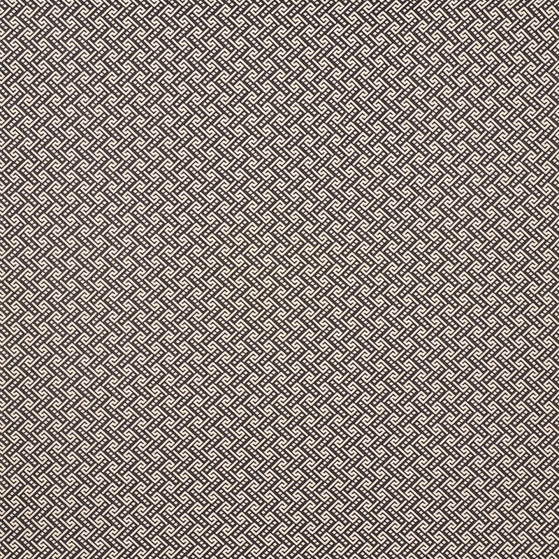 Brown and beige woven fabric with a repeating interlocking geometric lattice pattern, upholstery texture for cushions.