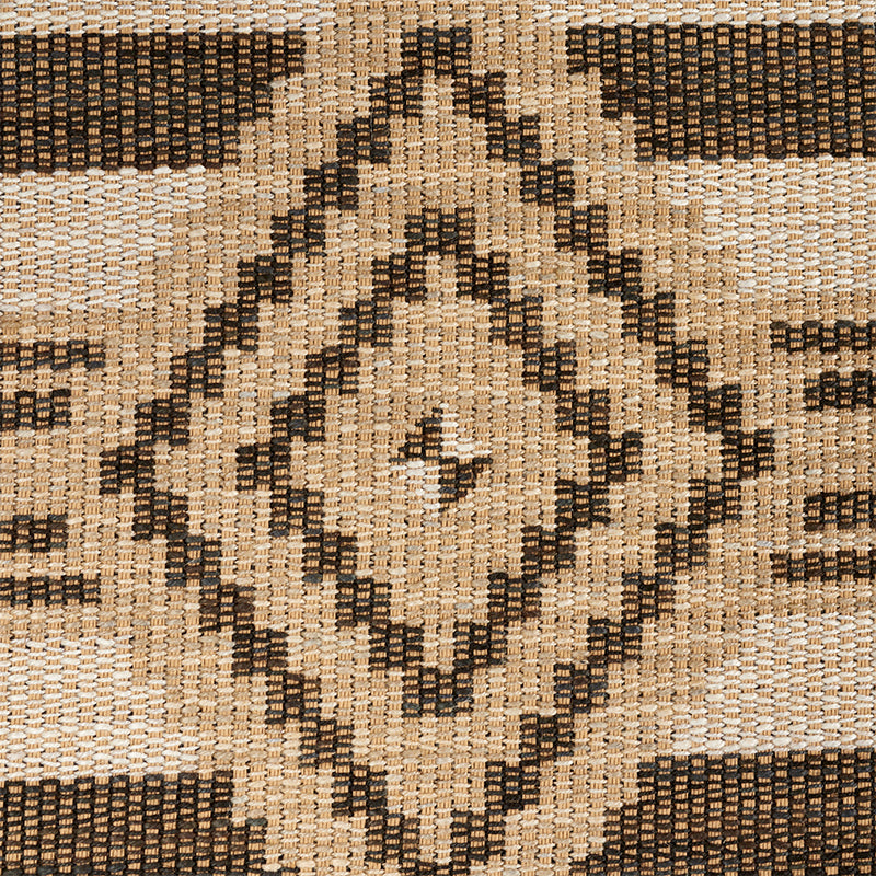 Natural beige woven rug with dark brown diamond pattern and stepped borders; rustic geometric decor.