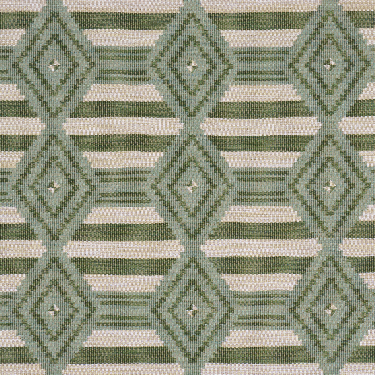 Repeated diamond lattice weave in mineral green on beige background; upholstery fabric style.