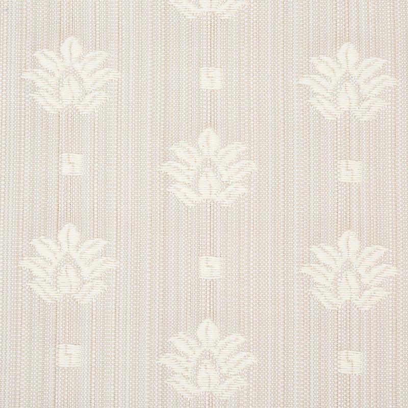 Beige woven fabric with white damask floral motifs and subtle vertical texture in natural color.