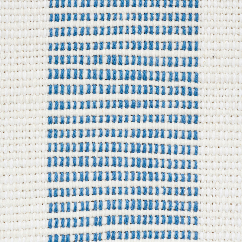 Close-up of cream woven fabric with blue stripe pattern.