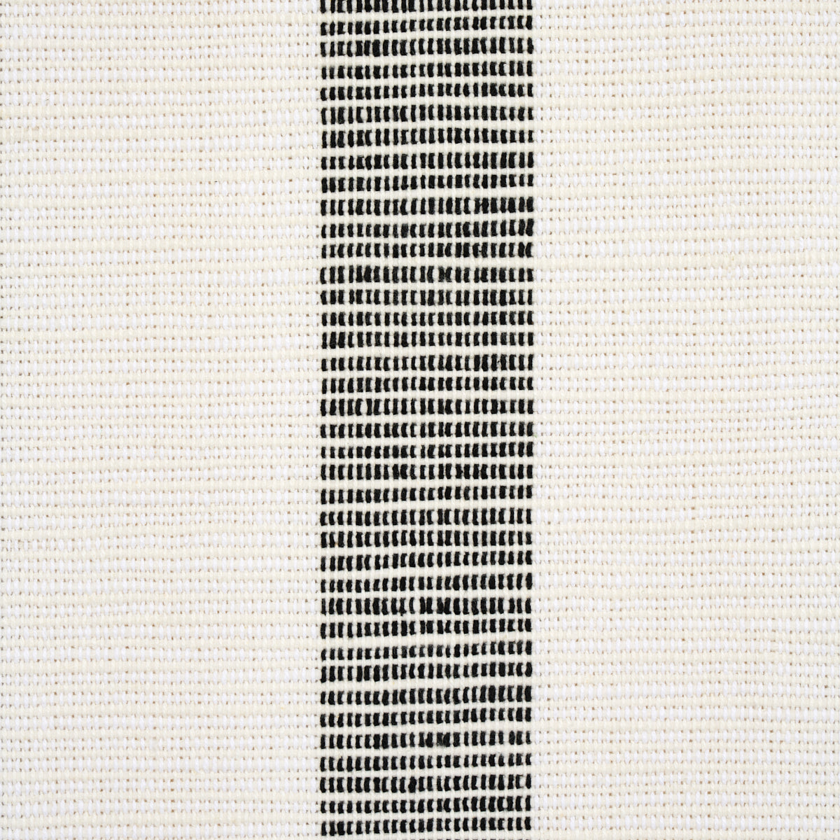 Cream woven fabric with a narrow black vertical stripe; textured textile for upholstery or decor.