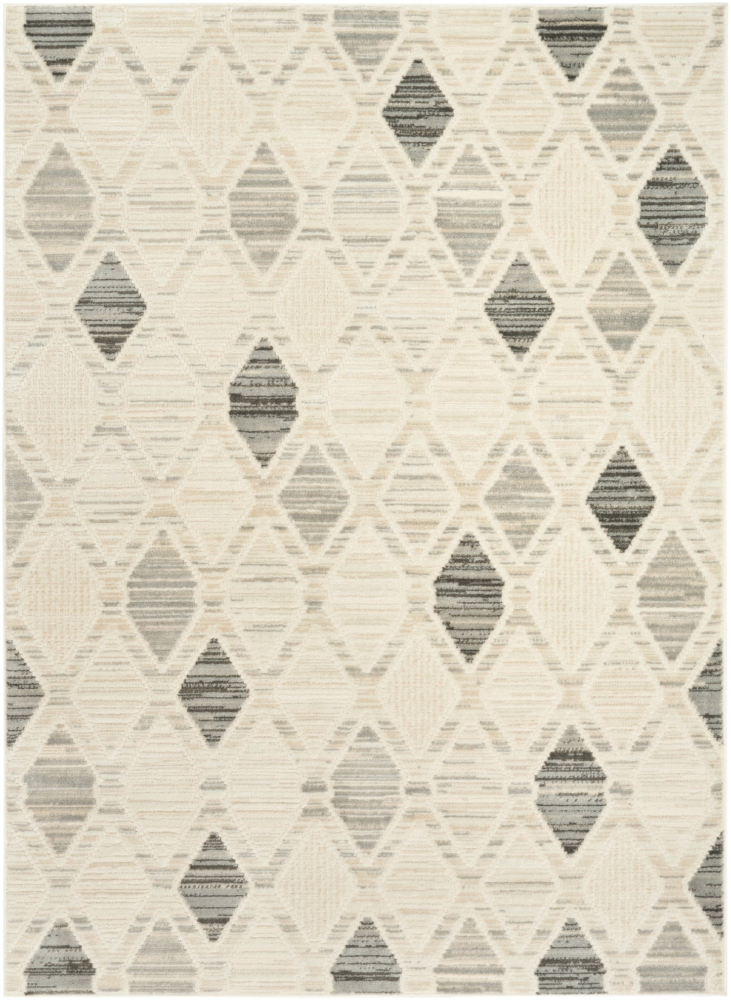 Neutral geometric rug with cream and gray diamonds in a striped flat-weave pattern.