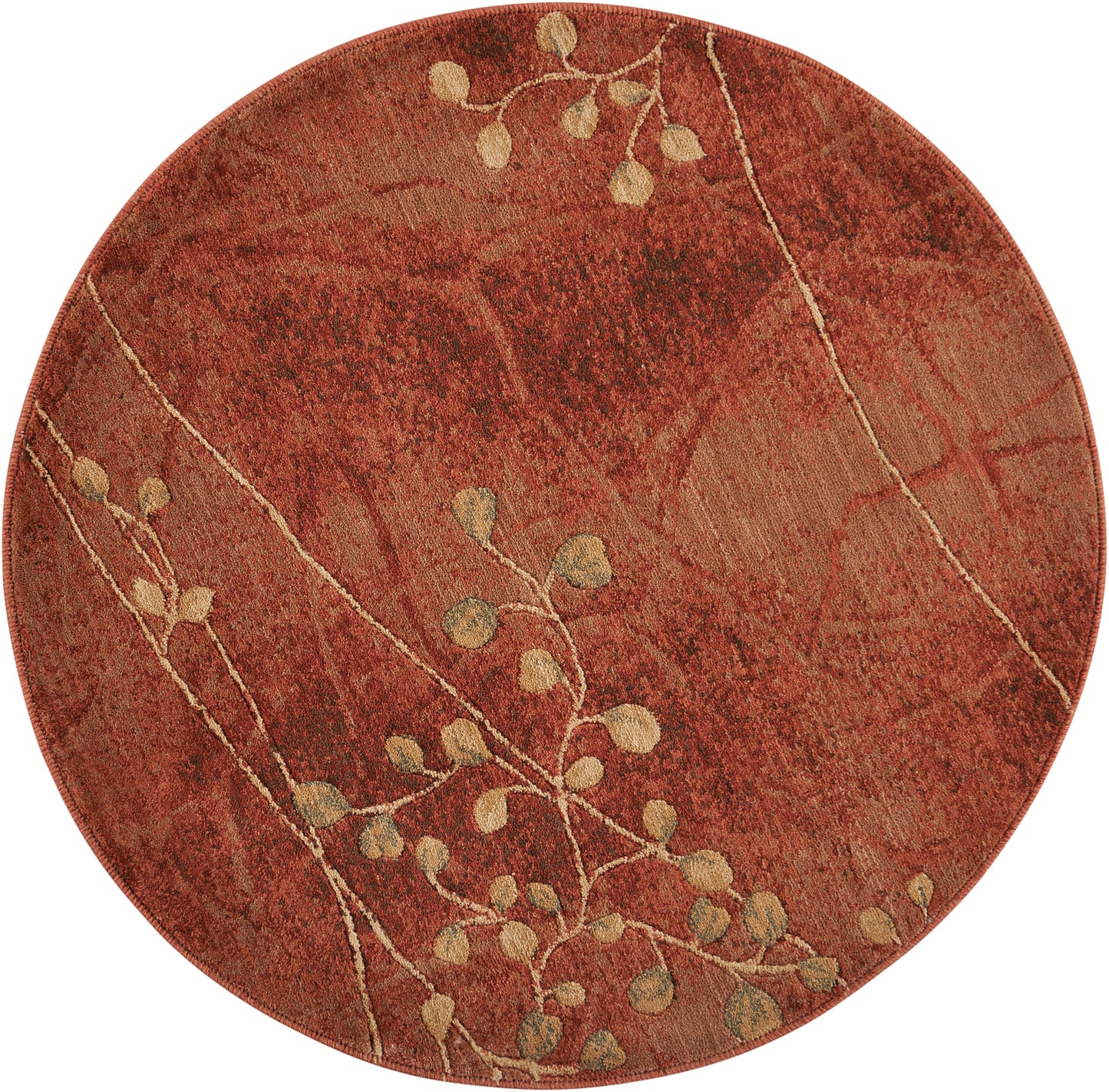 Round rust-red rug featuring beige botanical vines and a distressed, textured surface.