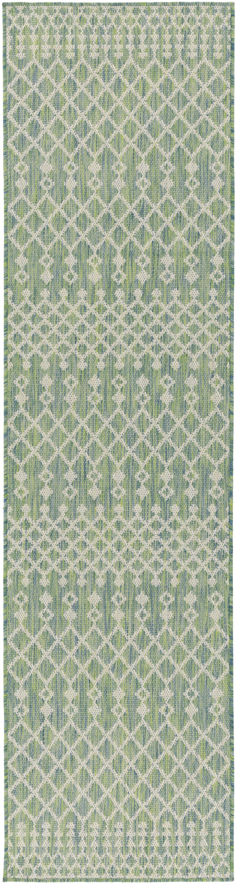 Long rectangular woven rug runner in green and blue with a white diamond lattice pattern and subtle border.