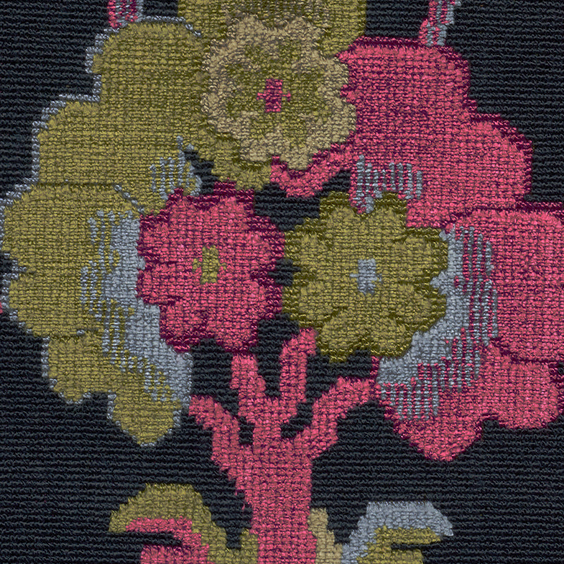 Floral velvet pattern with magenta and pink blossoms and olive green leaves on a midnight navy backdrop.