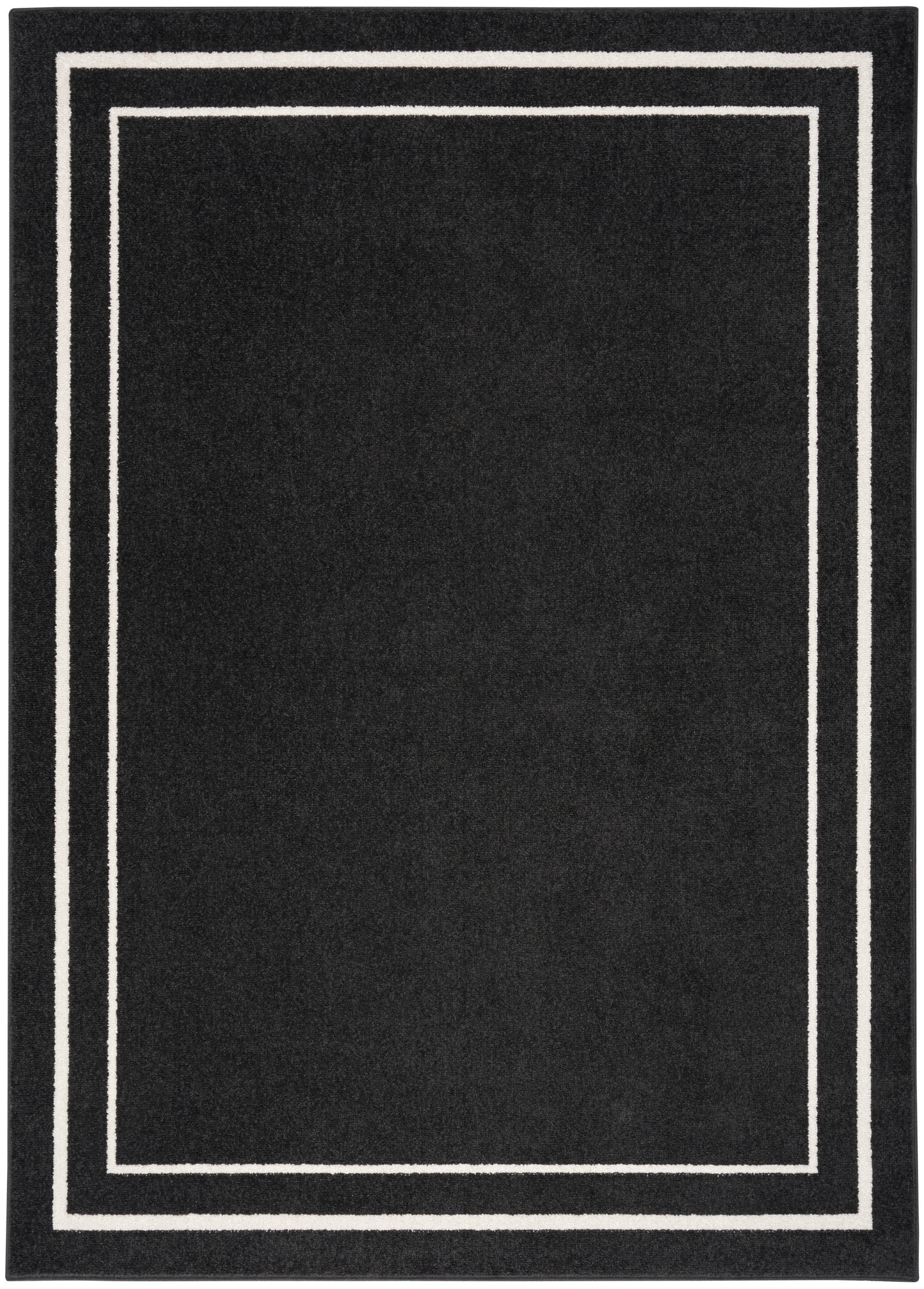 Black rectangular rug with double white framed rectangles for a minimalist, modern look.