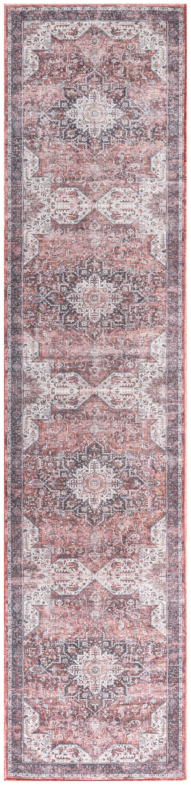 Long distressed Persian-style rug runner with pink coral tones, ivory medallions, dark indigo borders, ornate floral border.
