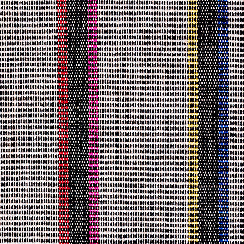 Textured woven fabric with cream base and bold vertical stripes in red, magenta, black, yellow and blue.