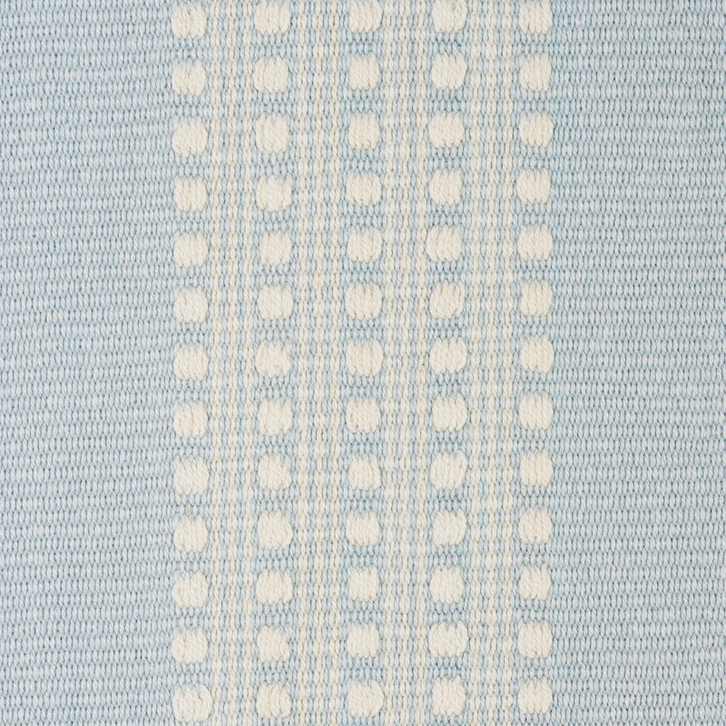 Light blue woven fabric with vertical rows of small white dots creating a dotted stripe design; soft, textured material.