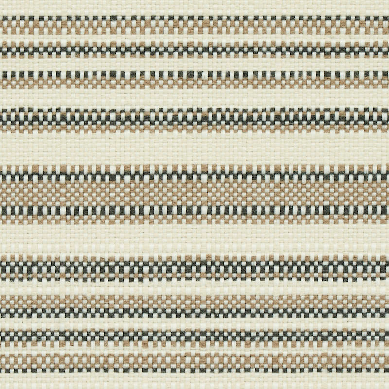 Beige woven fabric with thin cream, tan, black and brown striped bands in a small checkered pattern.