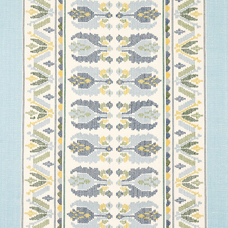 Woven rug runner with pale blue sides, central repeating blue-gray damask motifs, yellow accents and green borders.