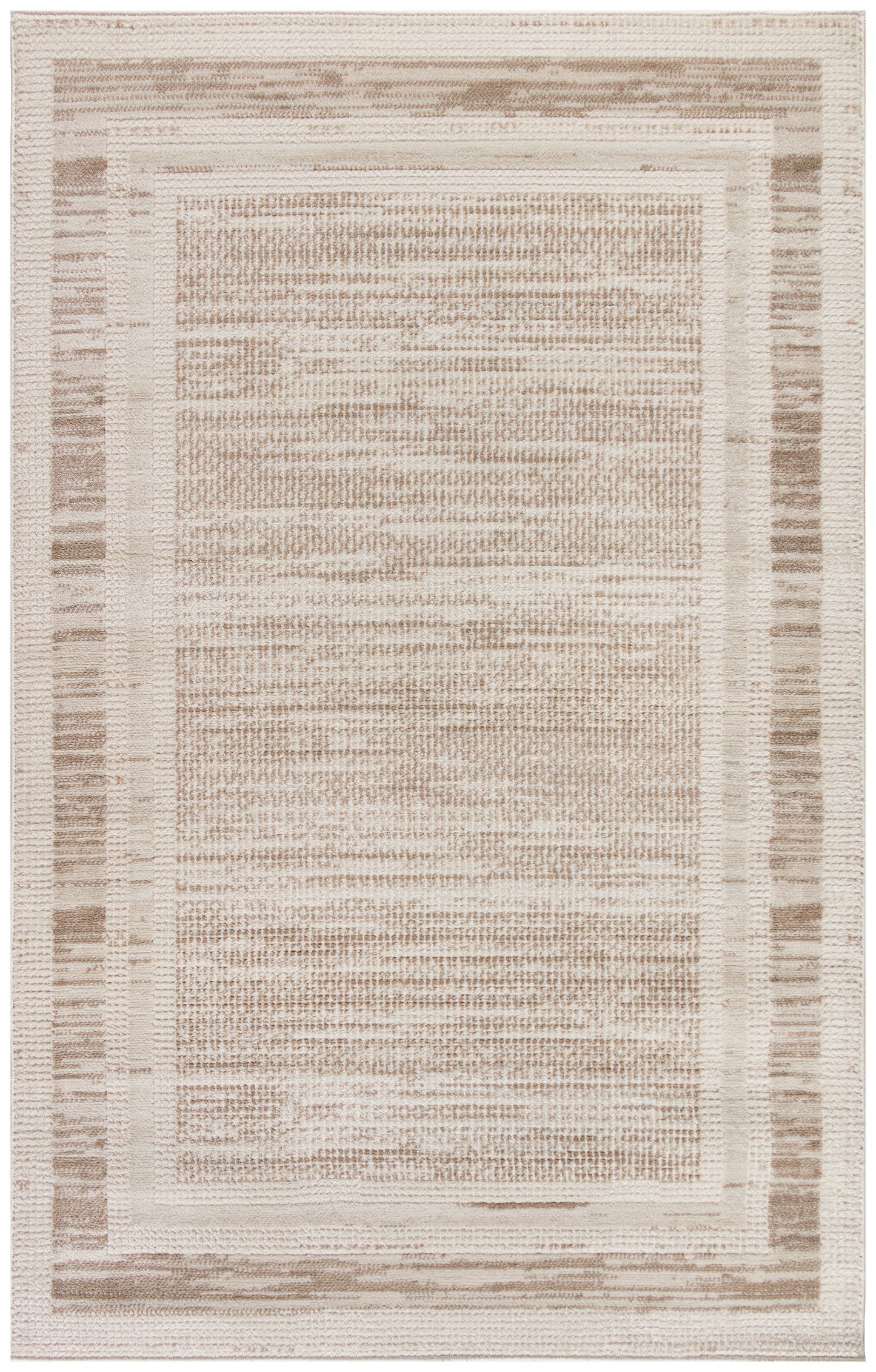 Beige rectangular rug with a softly textured central field and layered tan border stripes.