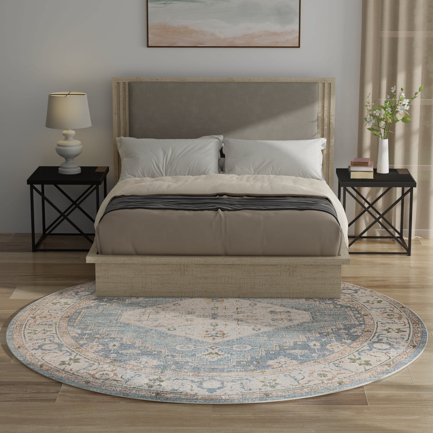 Round blue patterned rug.