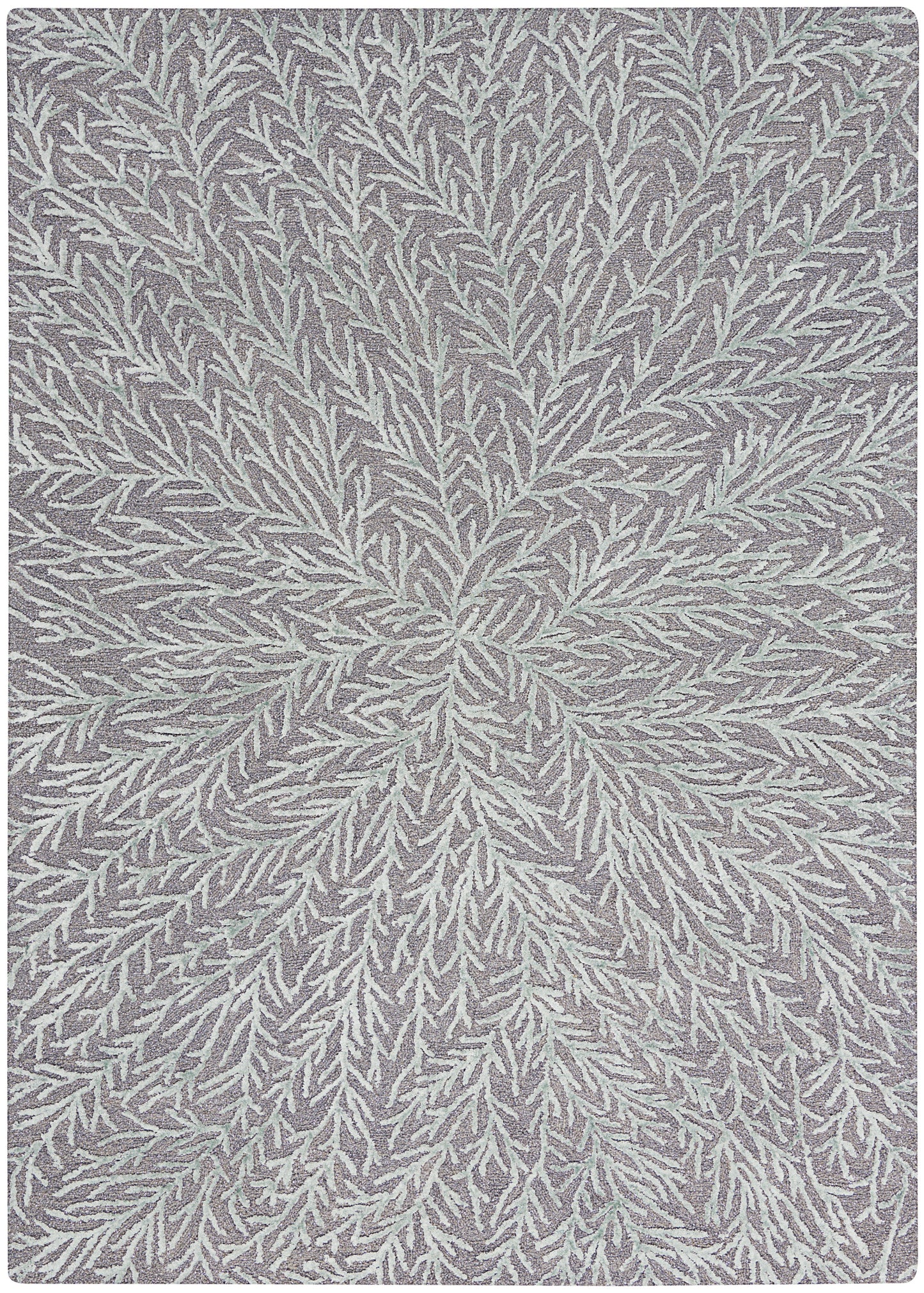 Grey textured area rug with a white feather-branch pattern radiating from the center; plush synthetic fibers.