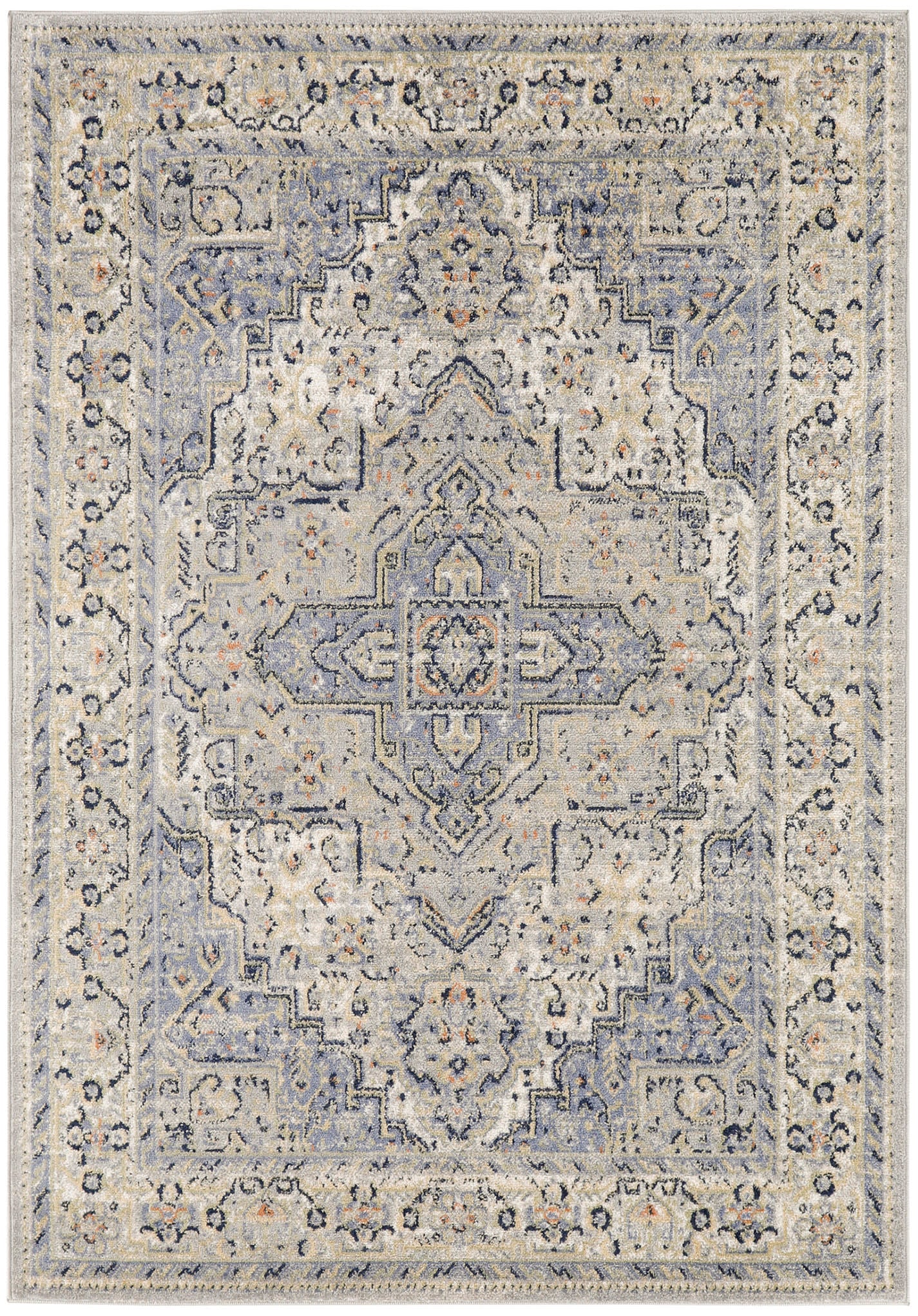Rectangular Persian-style rug in pale blue-gray with a central medallion, ivory border, and subtle floral motifs.