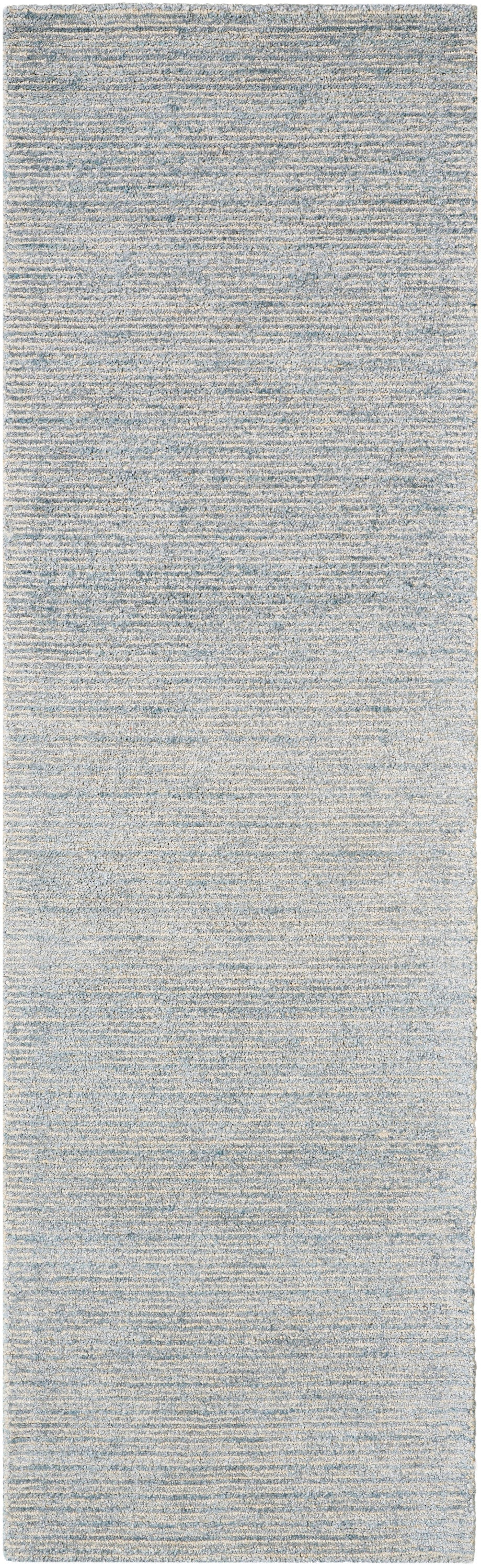 Light gray-blue textured rug runner; long, narrow hall rug with a subtle speckled heather finish.