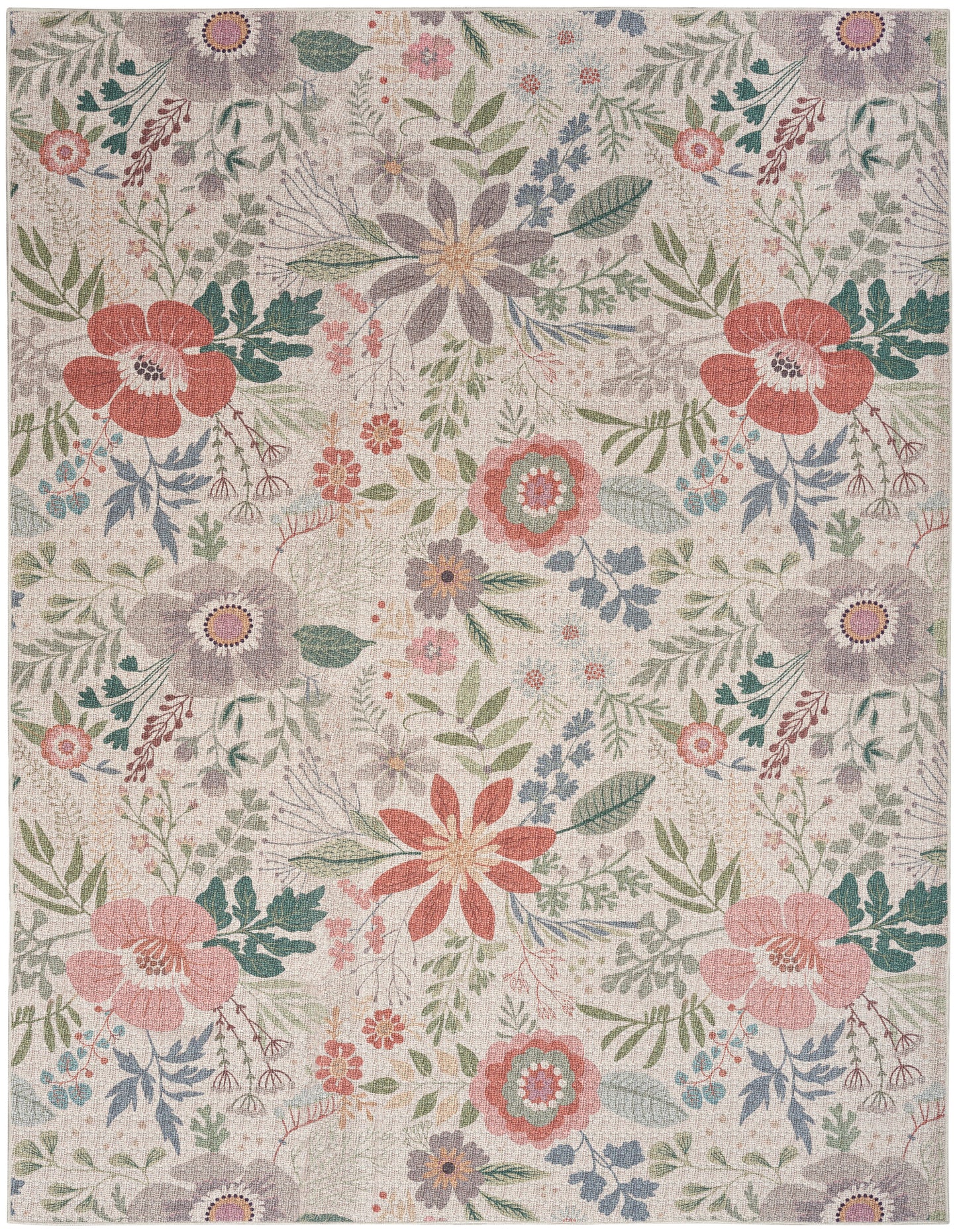 Pastel floral area rug with pink, coral, lavender blooms and green foliage on a beige woven backdrop.