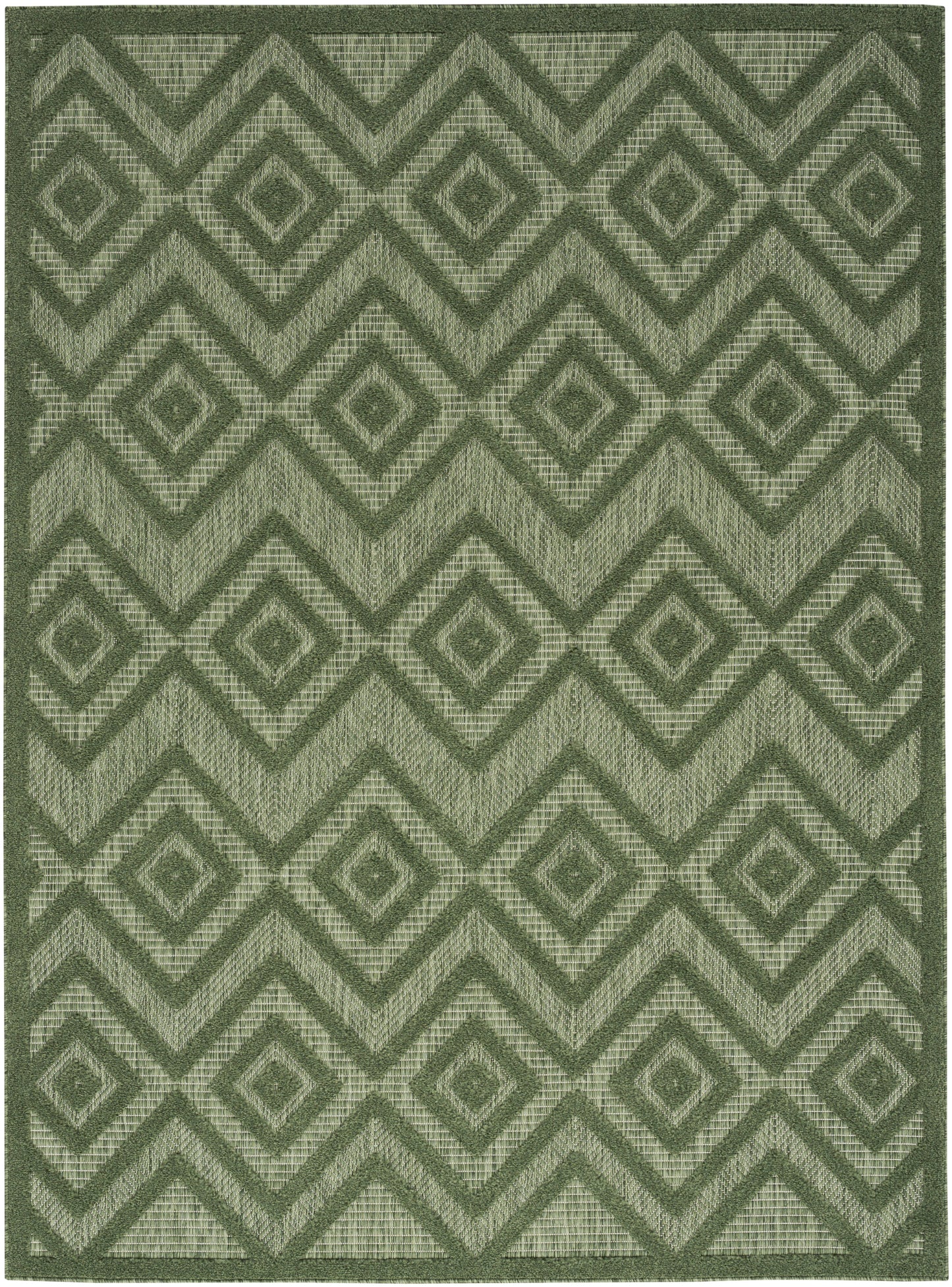 Olive green geometric diamond rug with chevron zigzag pattern and woven texture, rectangular area rug.