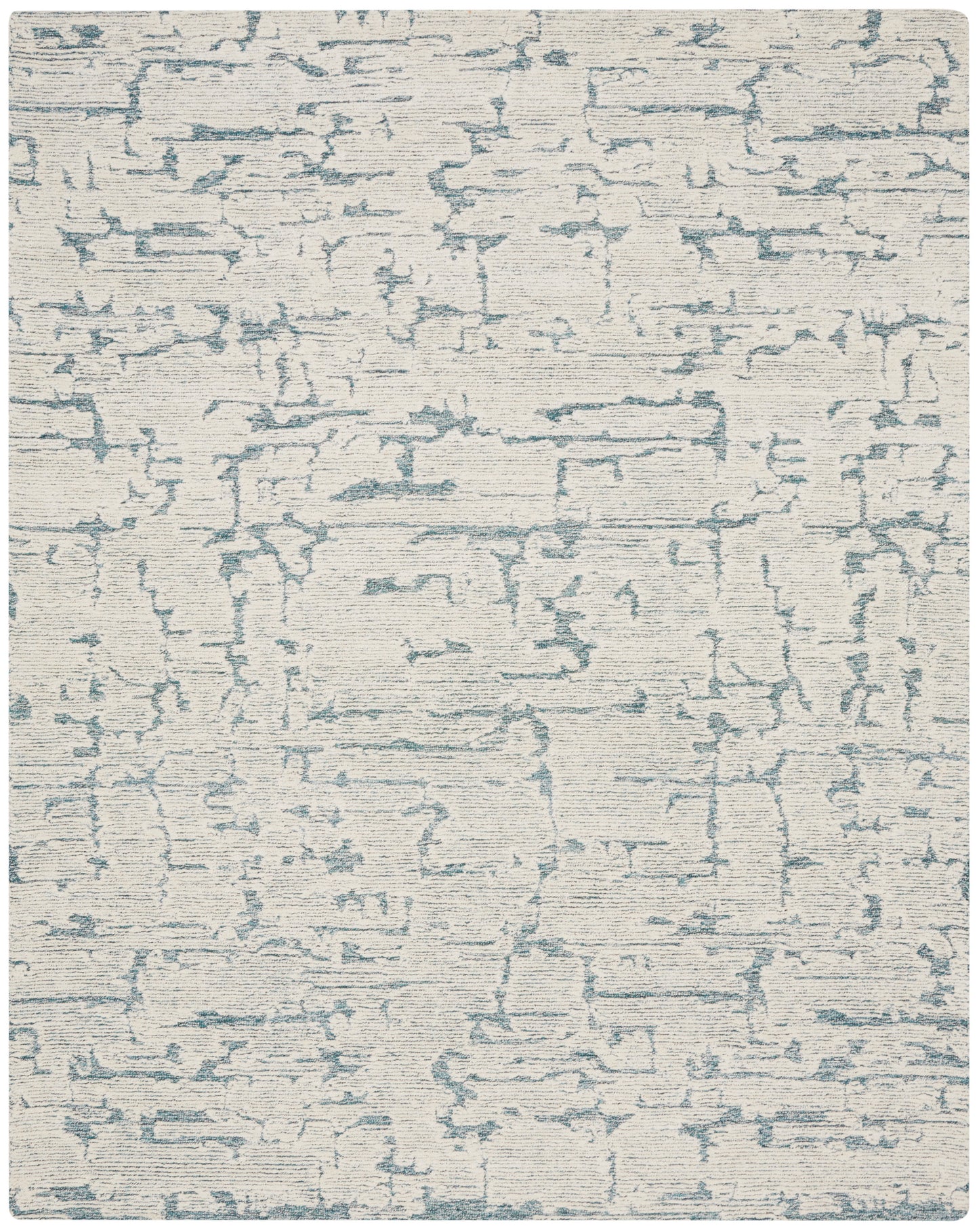 Abstract blue brushstroke pattern rug on ivory background; modern rectangular area rug.