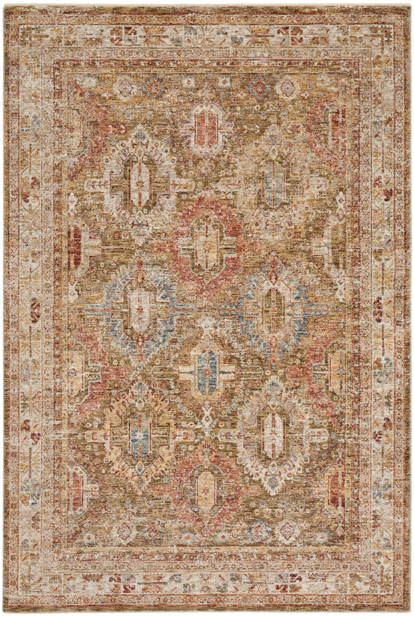 Distressed traditional oriental rug in beige, tan, rust & blue with geometric medallions & ornate border.