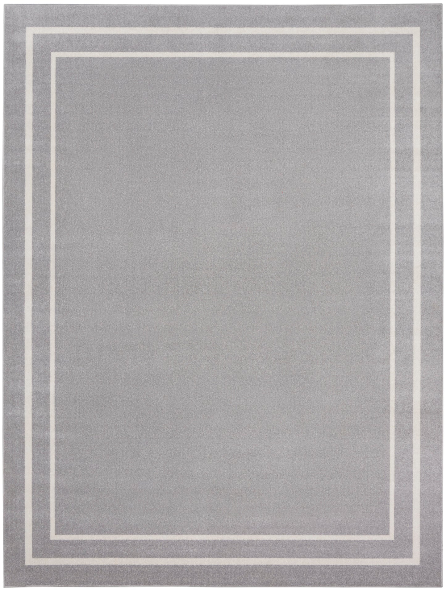 Gray area rug with three white inset rectangular borders starting at the top-left corner; modern minimalist.