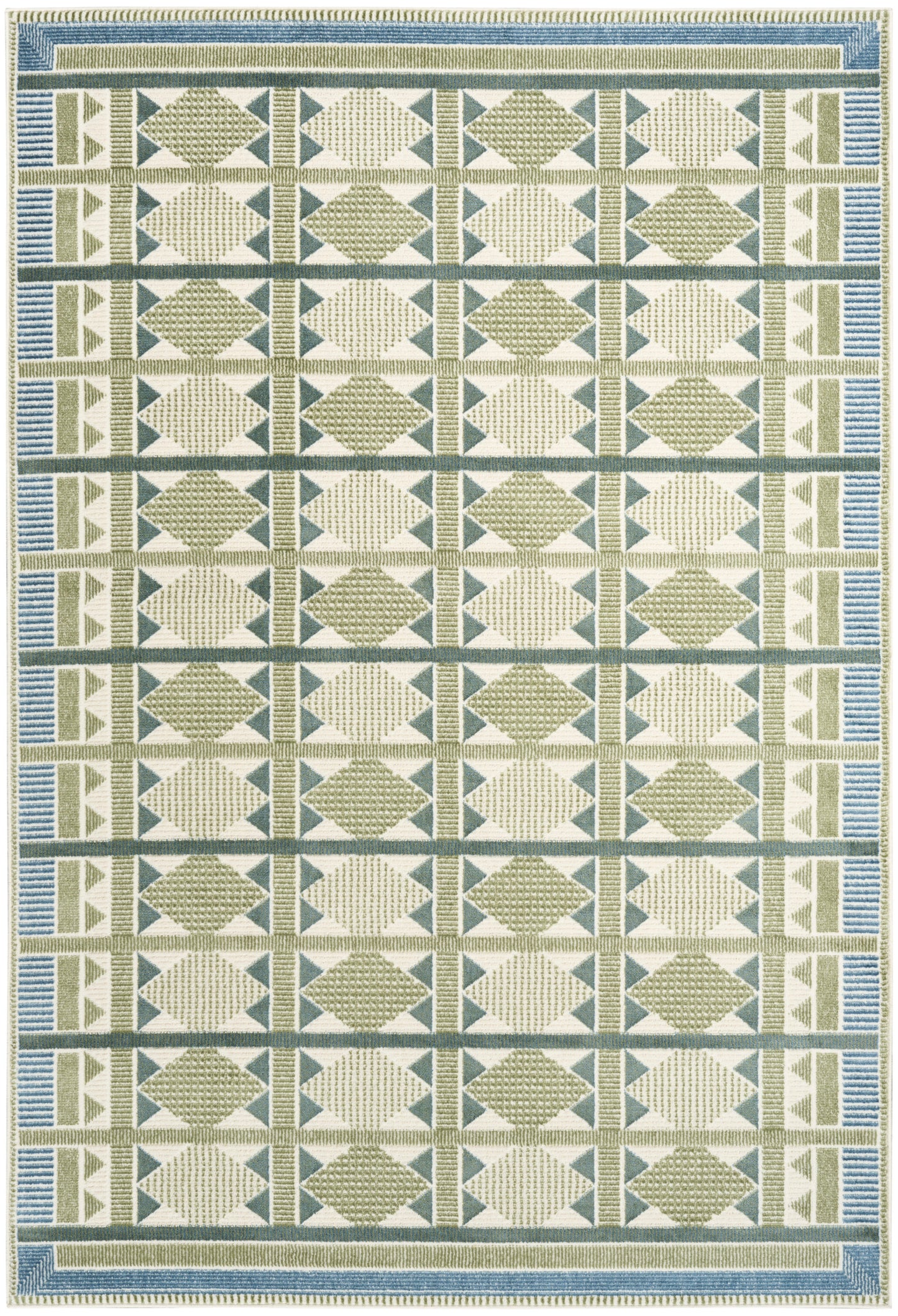 Woven area rug with olive green and cream diamond grid and blue striped border; geometric, contemporary style.