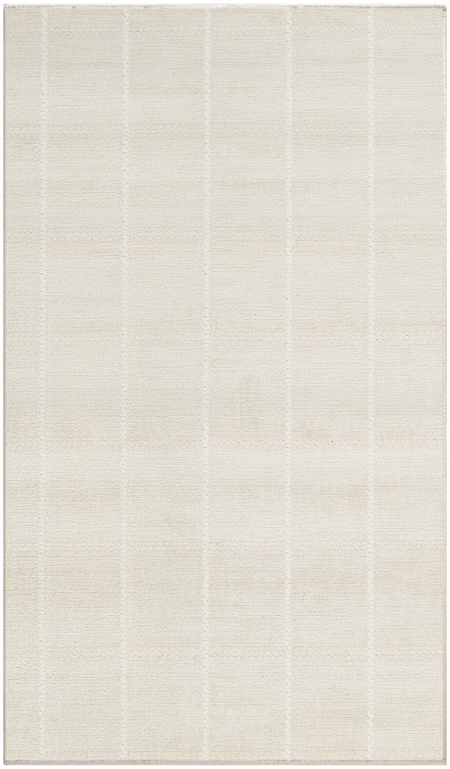 Cream textured rug with a subtle grid pattern of light vertical and horizontal lines; neutral decor.