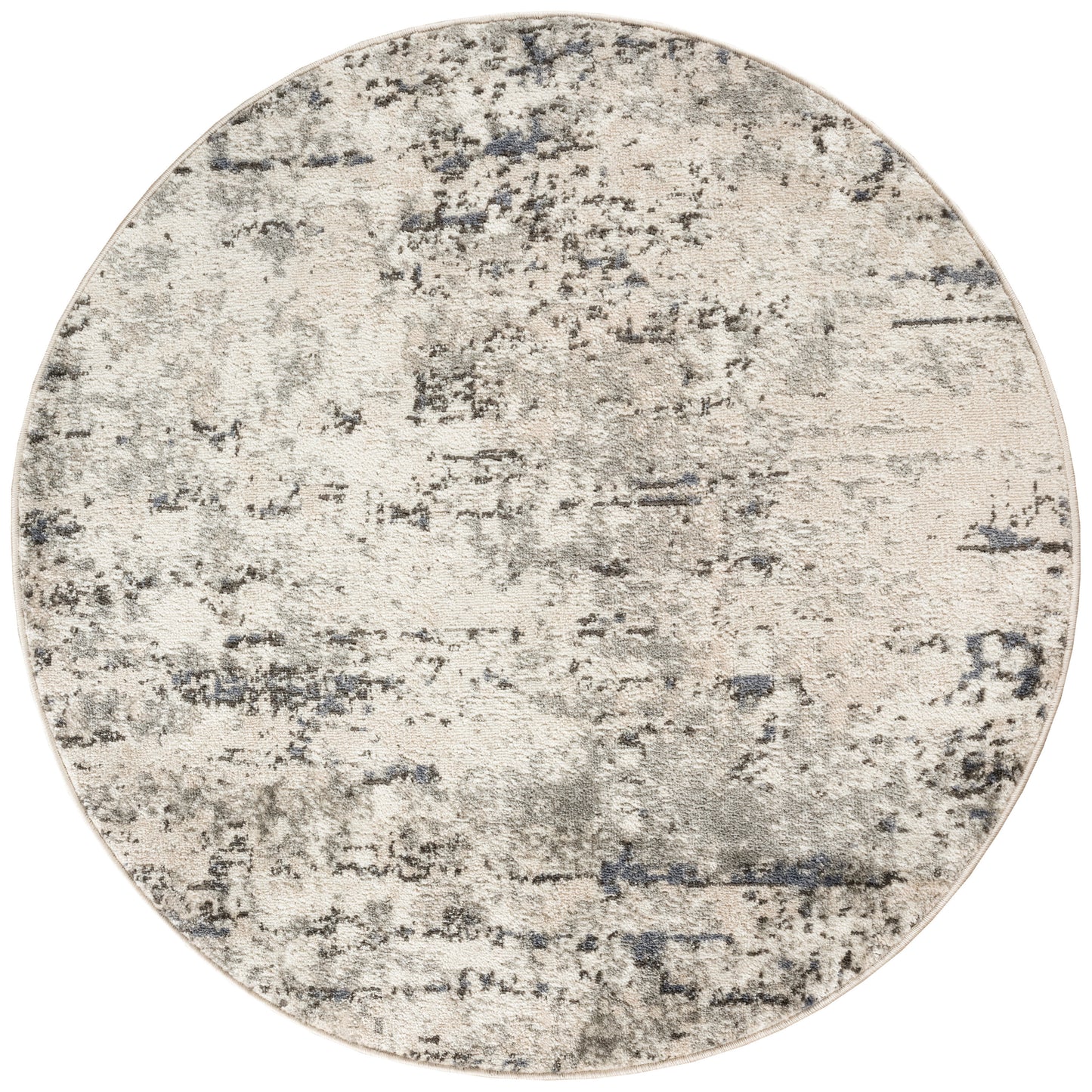 Round beige-gray abstract rug with a distressed mottled pattern and soft woven texture.