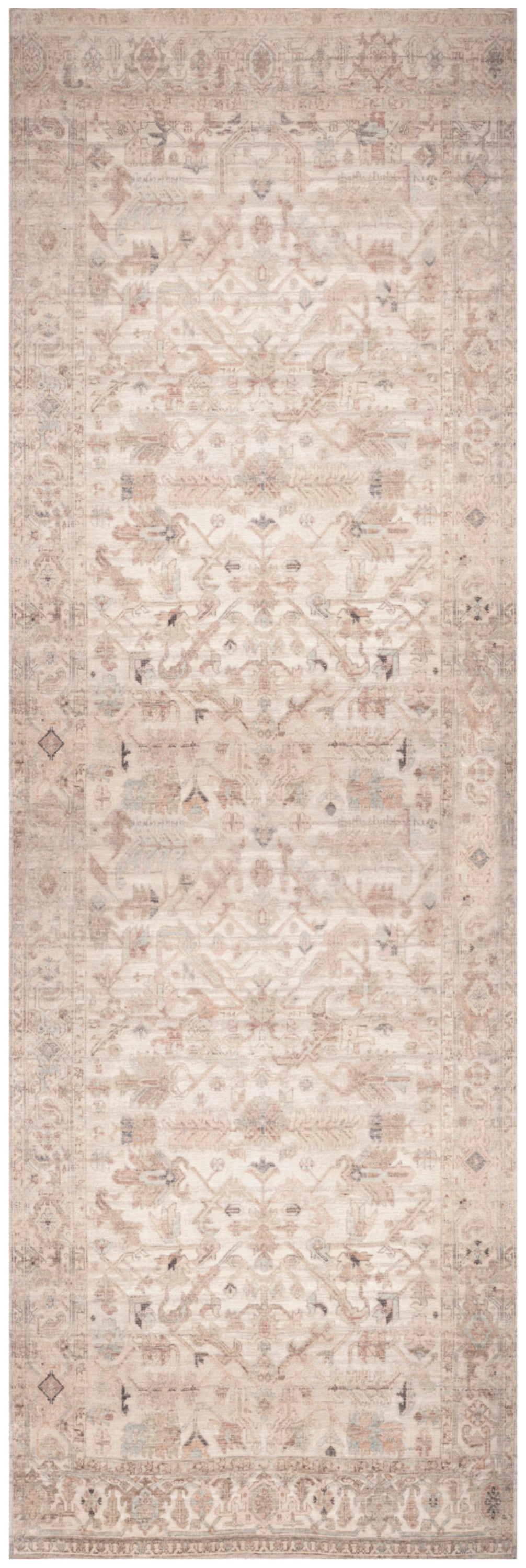 Traditional Persian-style rug runner in pale ivory with pink-beige accents; long narrow shape, medallion and border pattern.