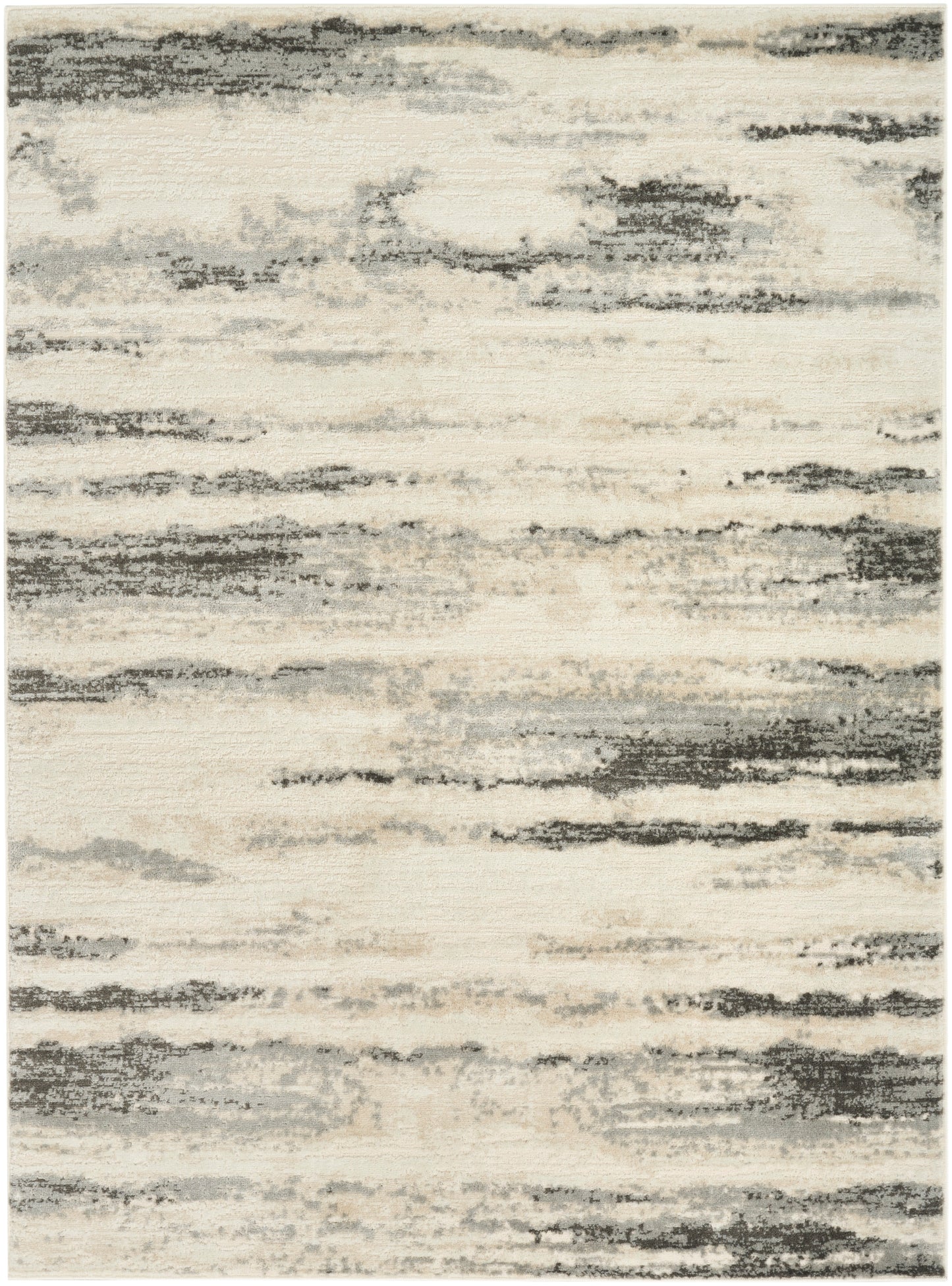 Rectangular area rug with cream background and dark gray abstract brushstroke bands, contemporary design.