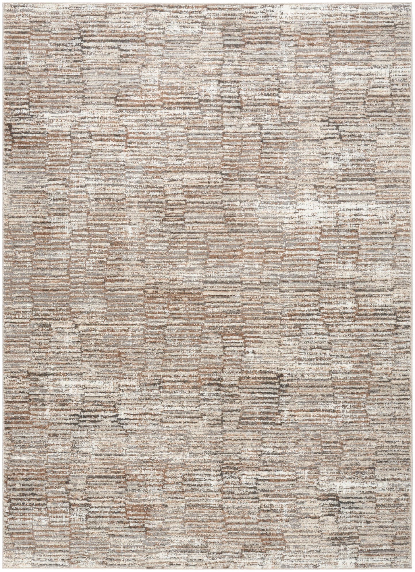 Muted beige-tan-ivory rug with abstract block pattern and soft textured pile; rectangular living room rug.