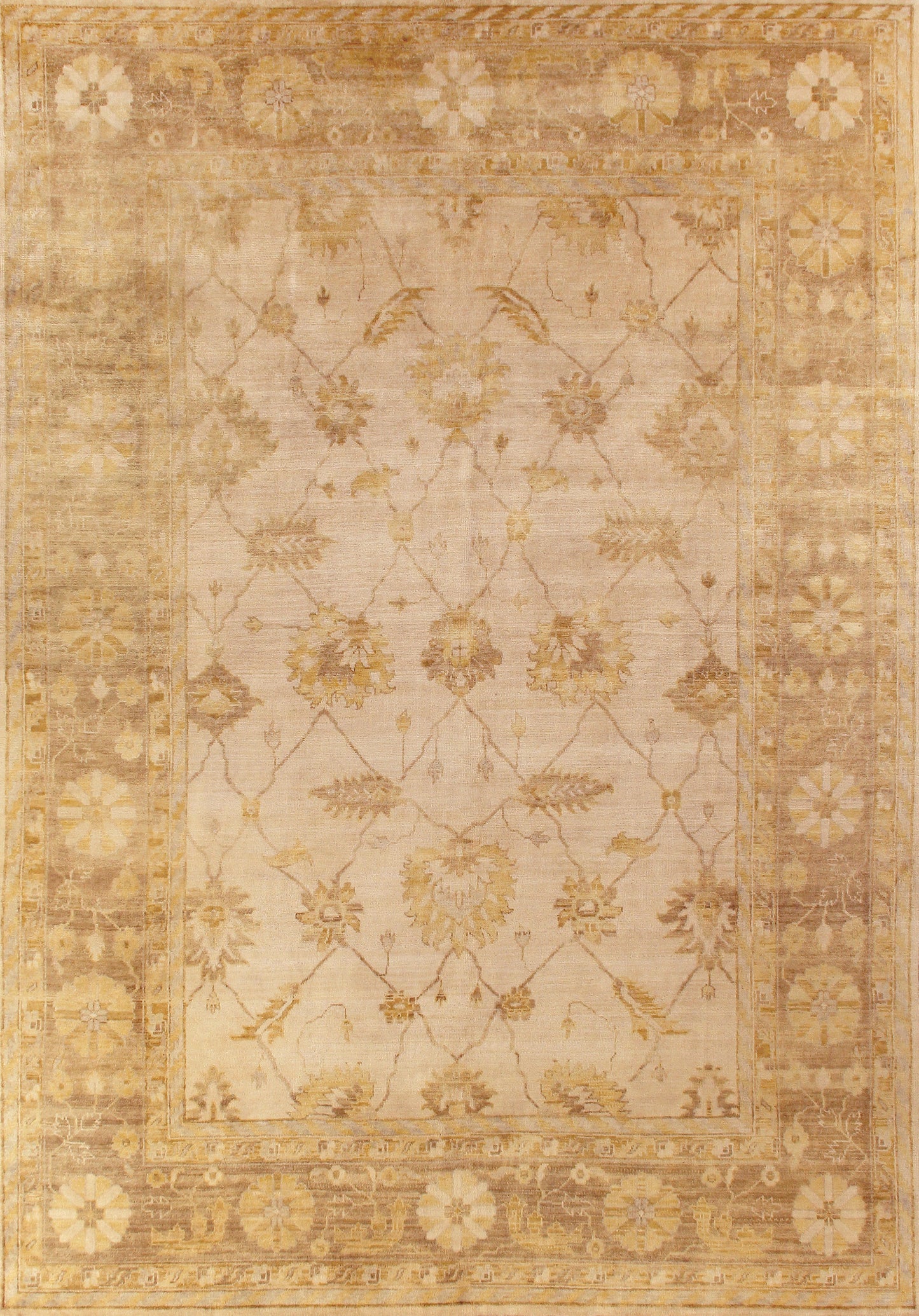 Classic beige area rug with floral patterns in warm golden hues, featuring intricate detailing and a subtle vintage finish.
