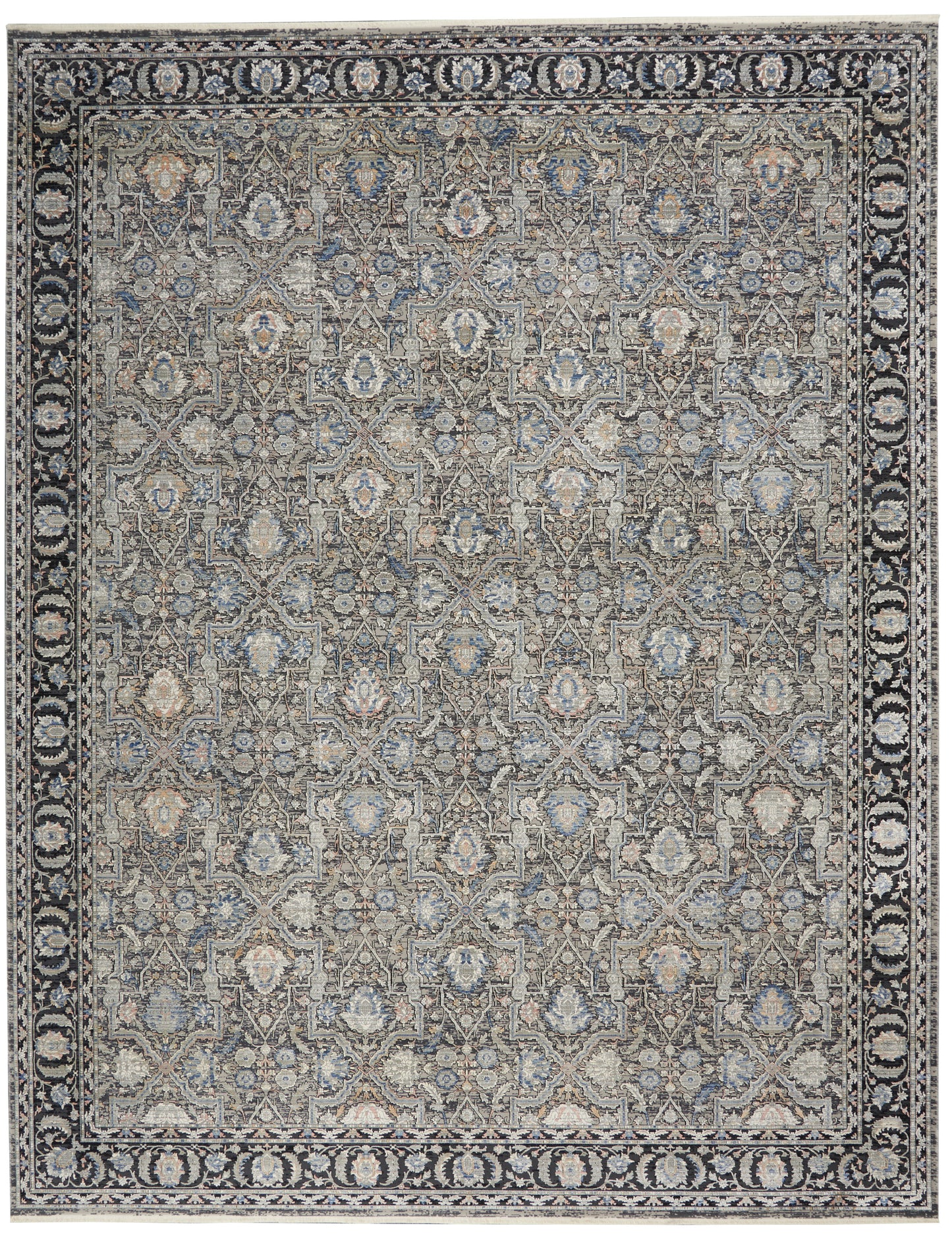 Traditional Persian-style rug with blue, ivory, and gray tones; dense repeating medallion motifs and ornate dark border.