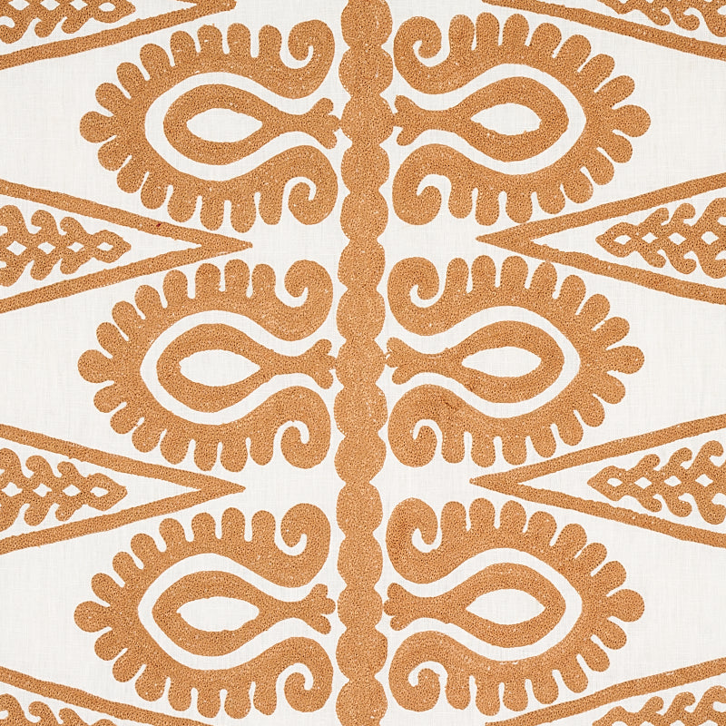 Orange-brown damask-inspired pattern on off-white fabric; repeating ornate loop motifs with a central vertical column.