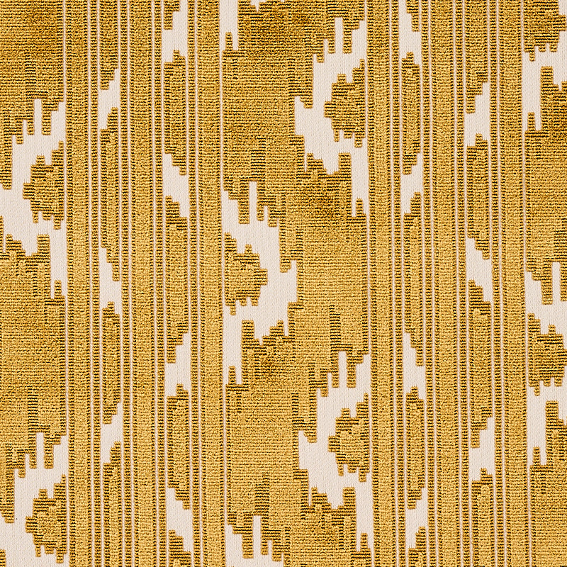 Golden yellow ikat-inspired woven fabric with vertical stripes and geometric motifs; great for upholstery or drapery.