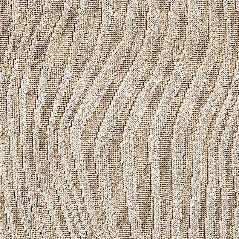 Beige boucle rug with cream raised wavy stripes; soft, textured woven floor decor.