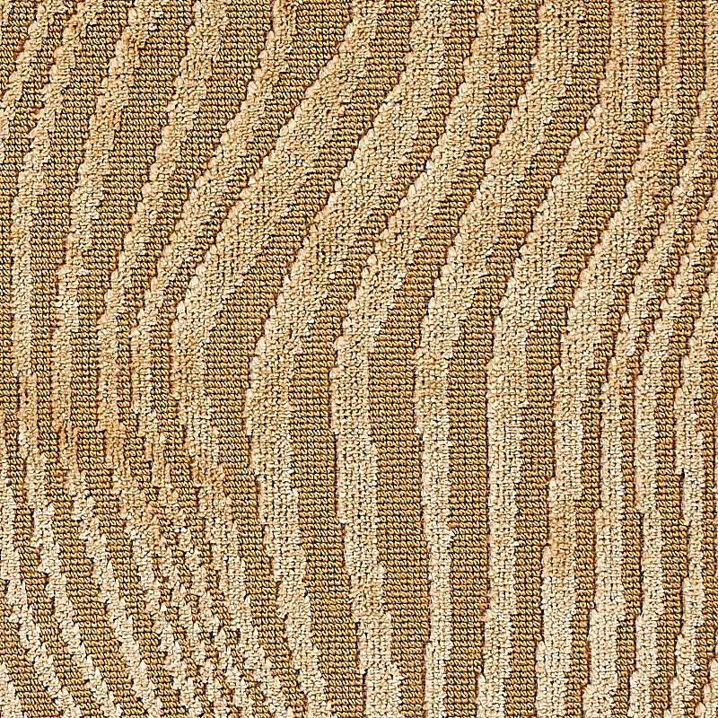 Close-up of textured woven fabric with tan and cream wavy vertical stripes and a ribbed pattern.